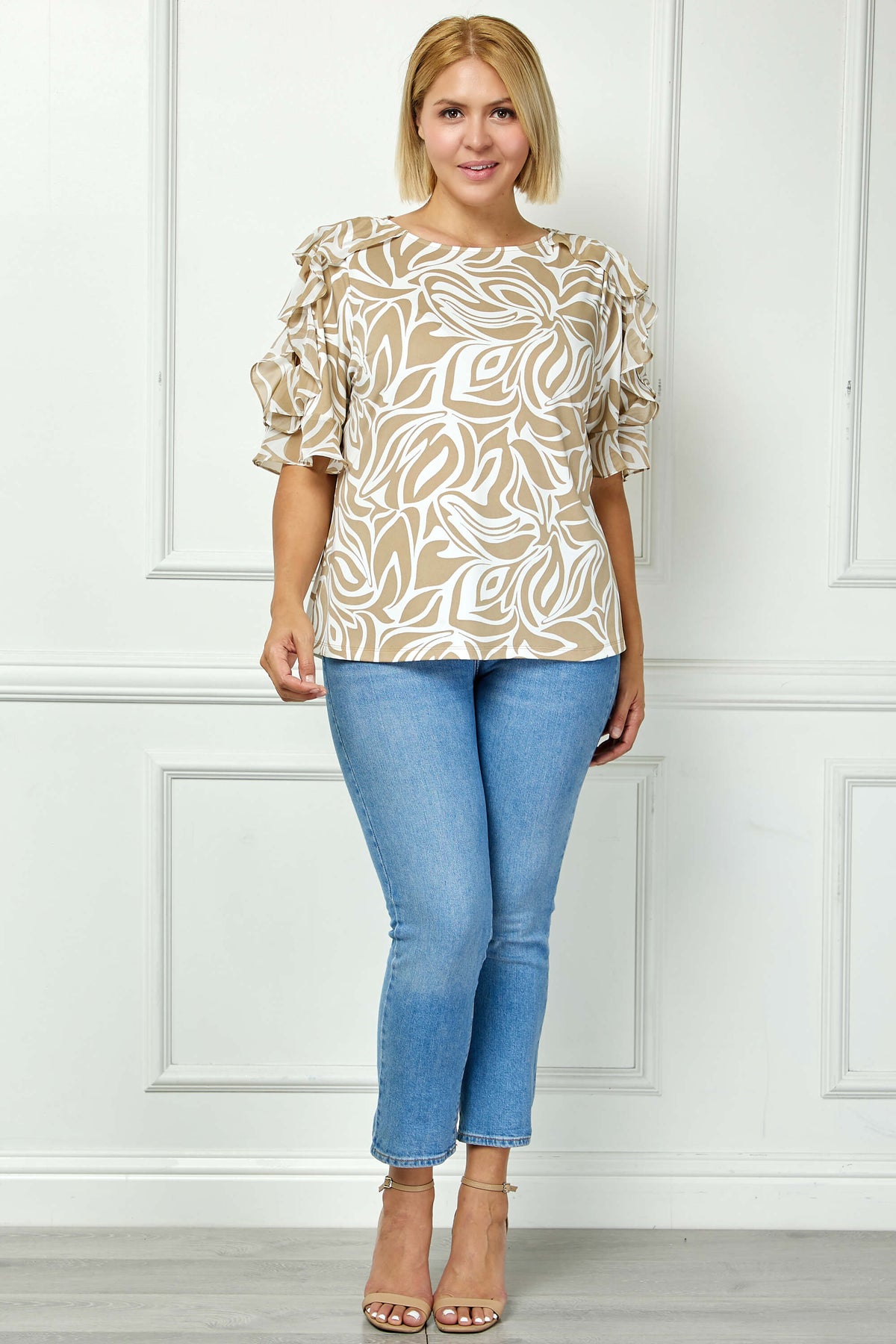 Dressbarn Recommended | Ruffle Cold Shoulder Scoop Neck Blouse - Plus - Beige