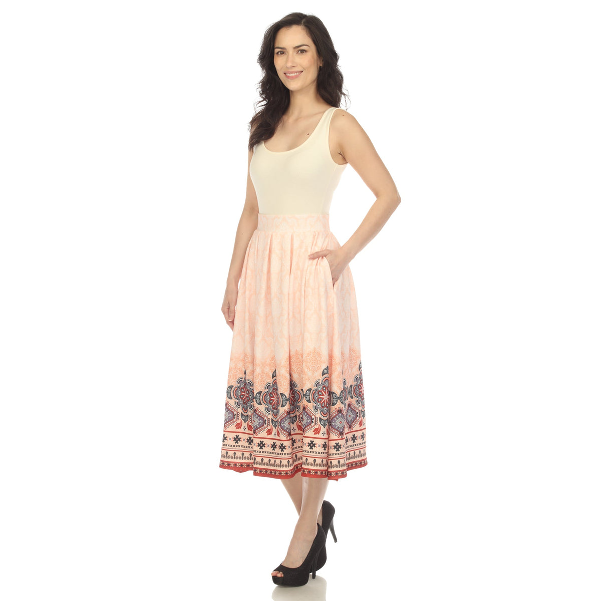Dressbarn Premium | Orange Pleated Skirt with Border Prints