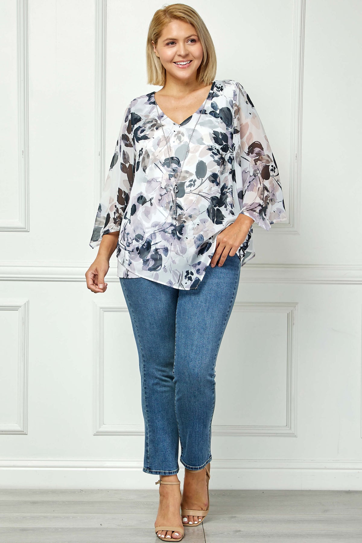 Dressbarn Trending | Hanky Hem Poncho V-Neck Blouse with Necklace - Plus - Gray