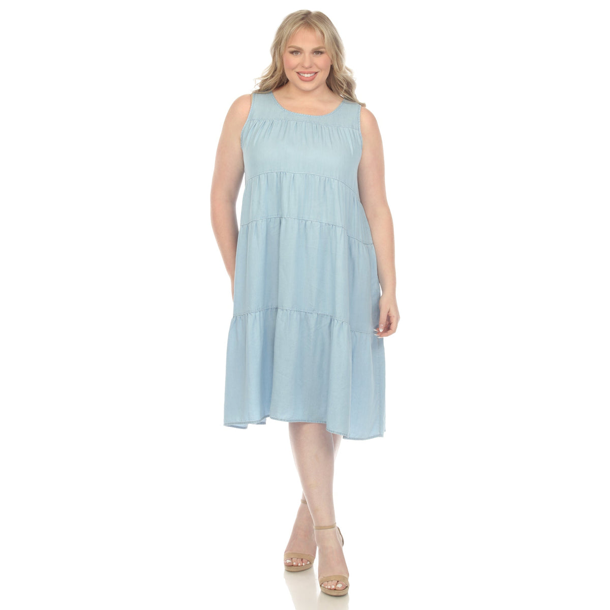Dressbarn Popular | Sleeveless Tiered Chambray Midi Dress - Plus