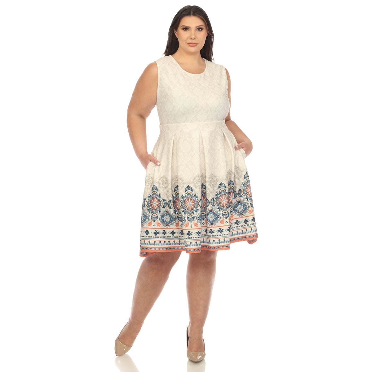Dressbarn Best Seller | Beige Border Print Fit and Flare Knee Length Dress - Plus