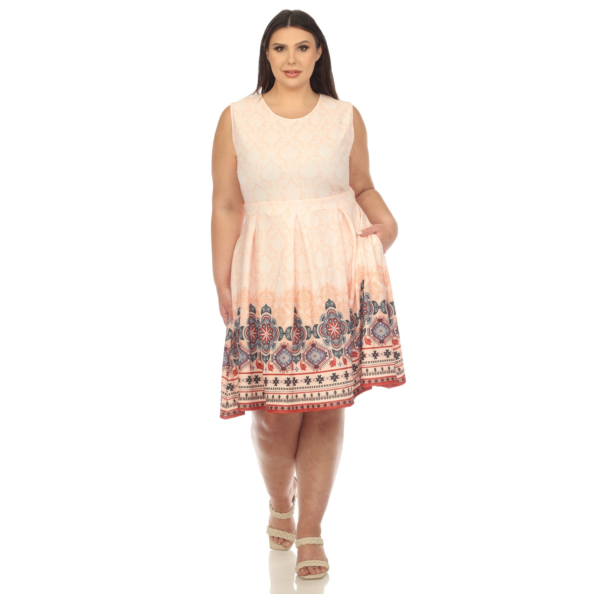 Dressbarn Recommended | Orange Border Print Fit and Flare Knee Length Dress - Plus