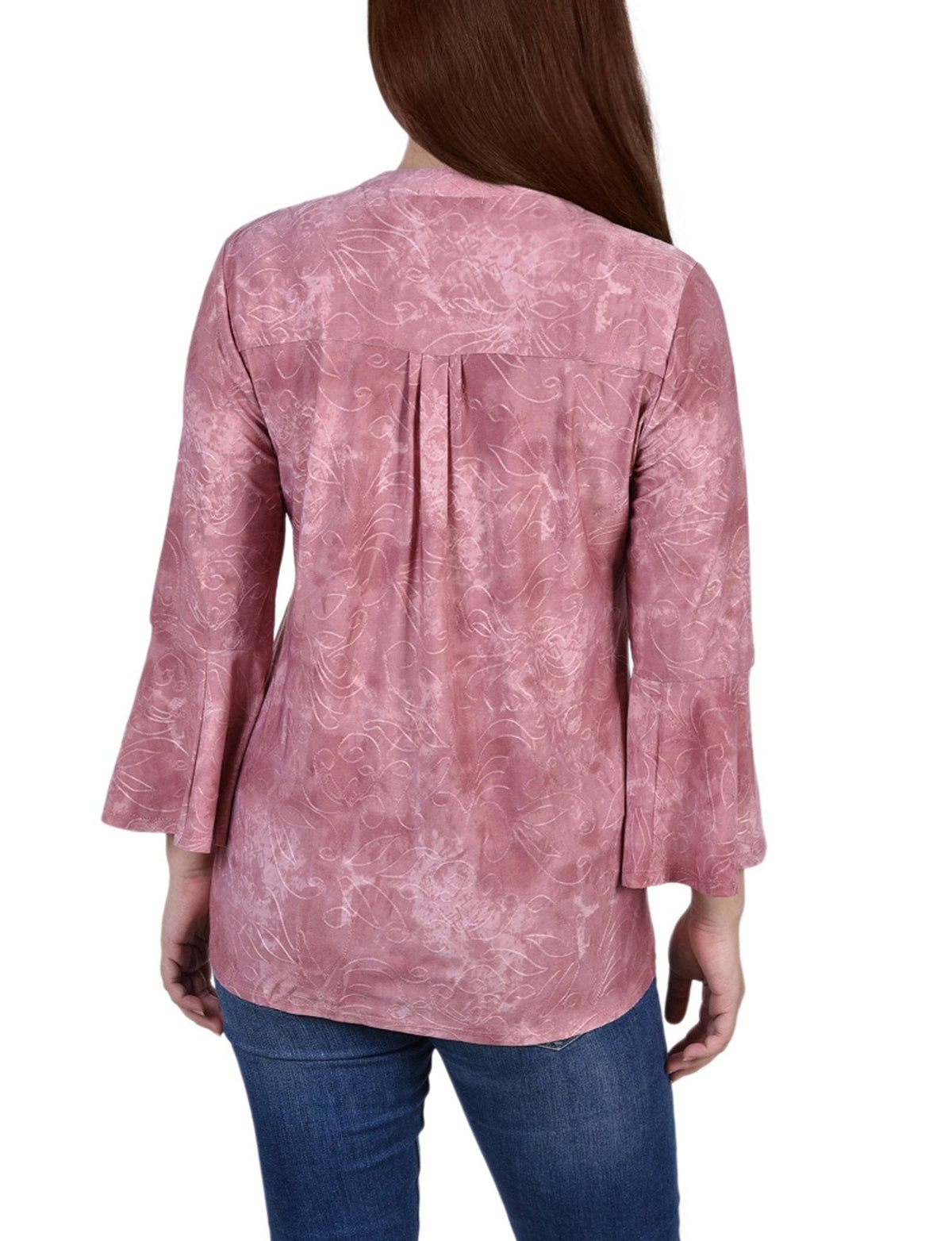 Dressbarn Best Seller | Mauve Tie Dye 3/4 Bell Sleeve Pleat Front Y Neck Top - Petite