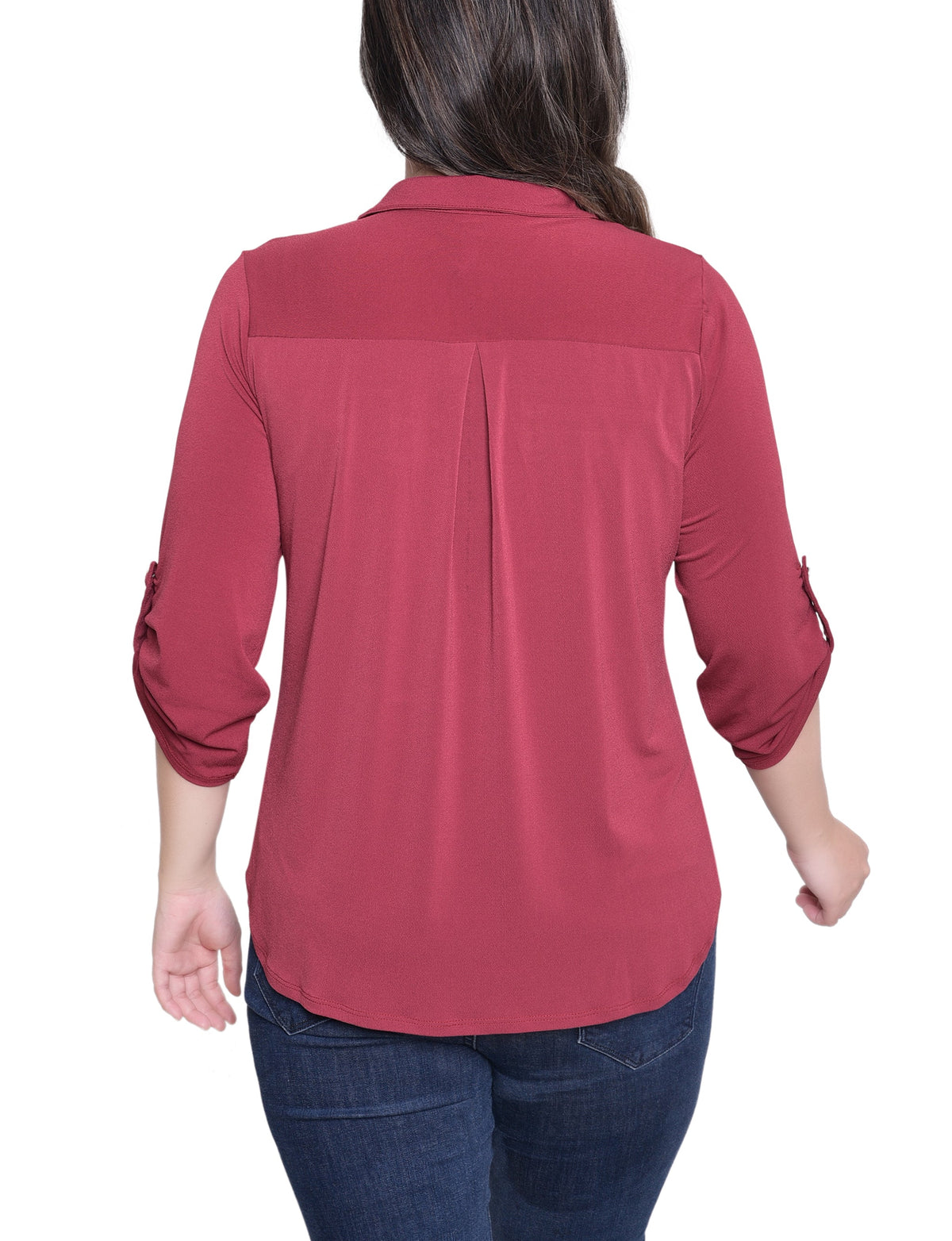 Dressbarn New | NY Collection Petite 3/4 Roll Tab Zip Front Top - Burgandy