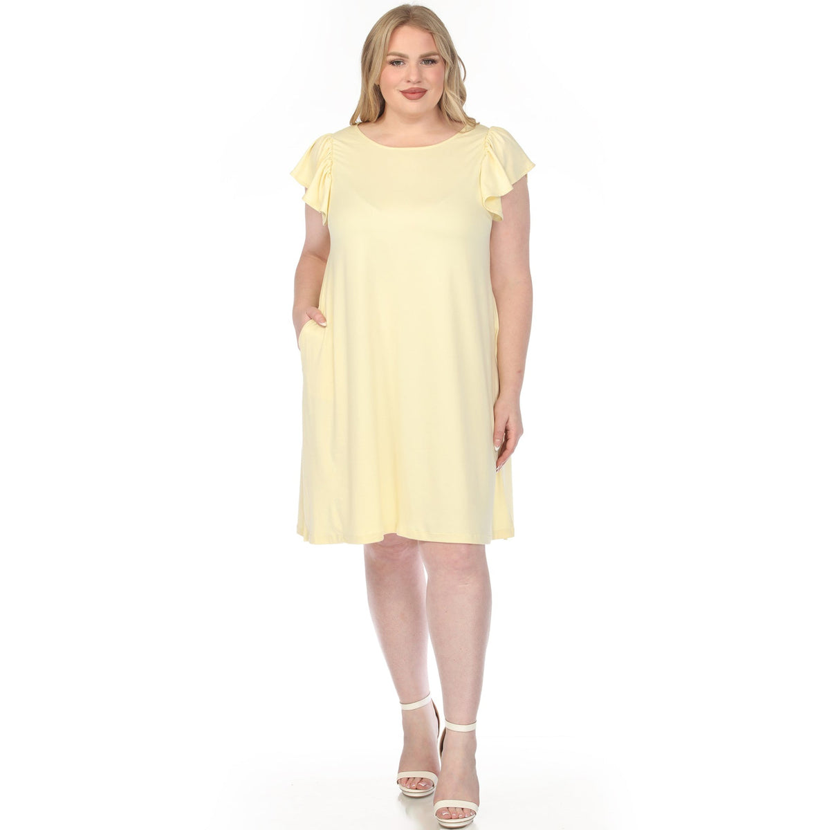Dressbarn Popular | Women's Crew Neck Ruffle Sleeve Dress - Yellow - Plus