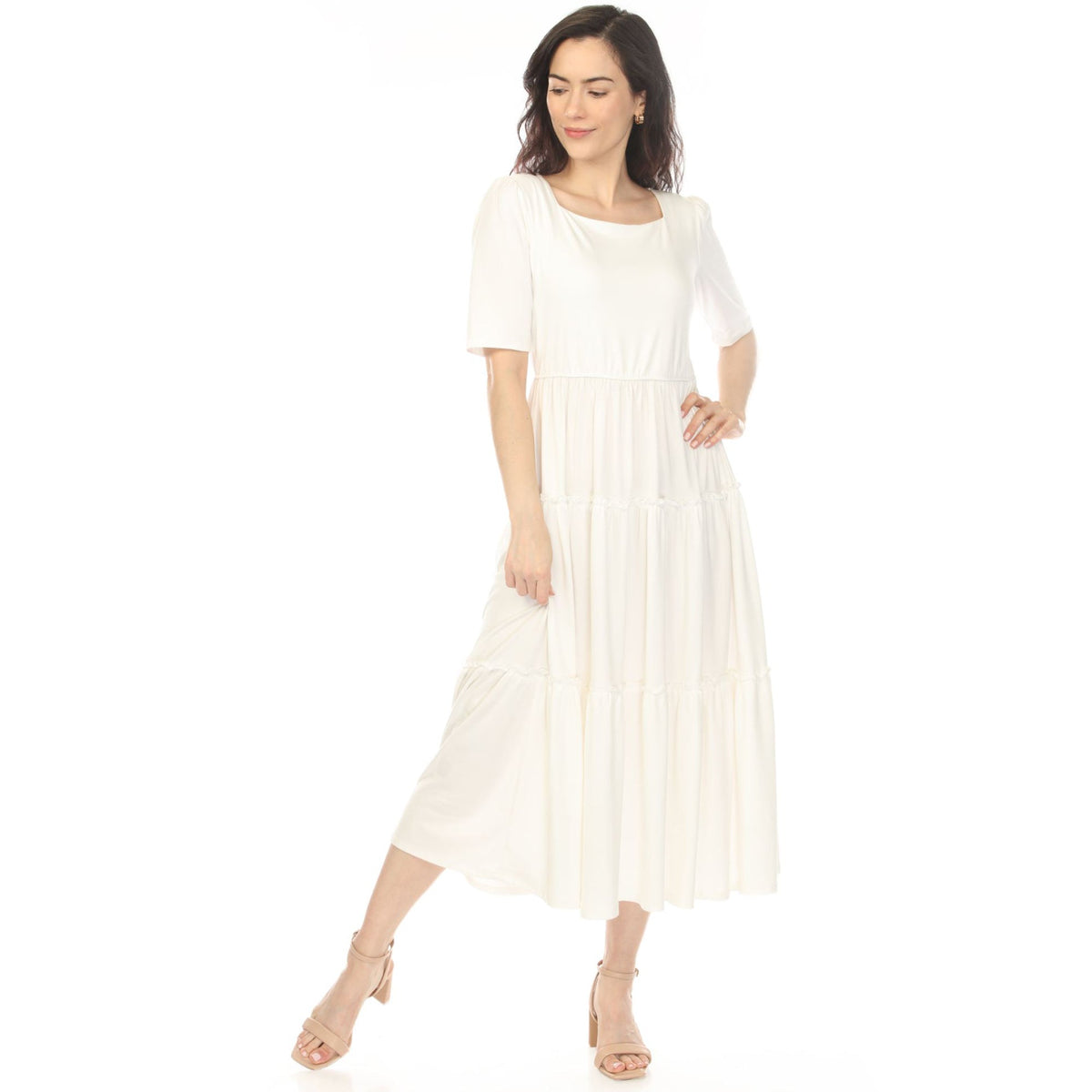Dressbarn Best Seller | Women's Square Neck Short Sleeve Tiered Dress - Off White