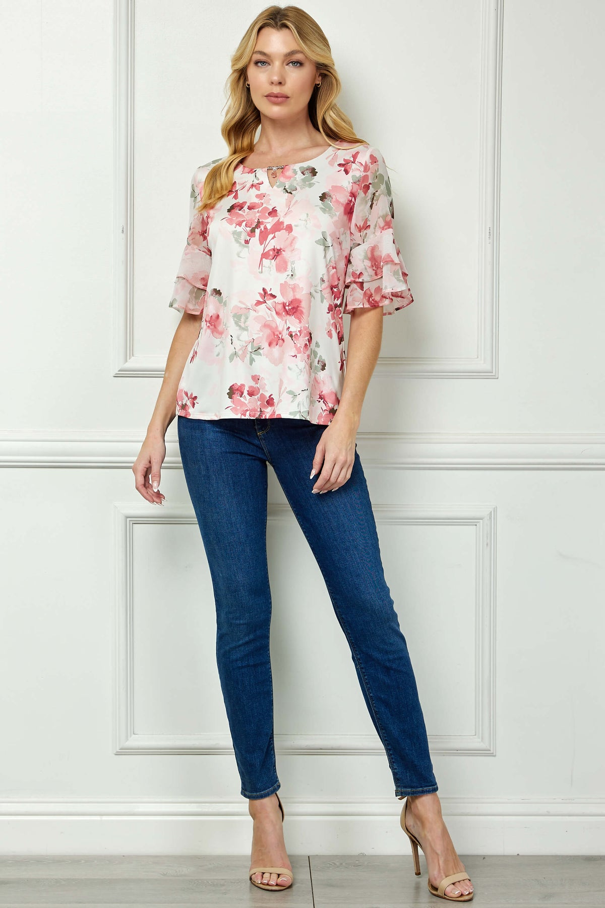 Dressbarn Featured | Double Ruffle Sleeve Cutout Neck Blouse
