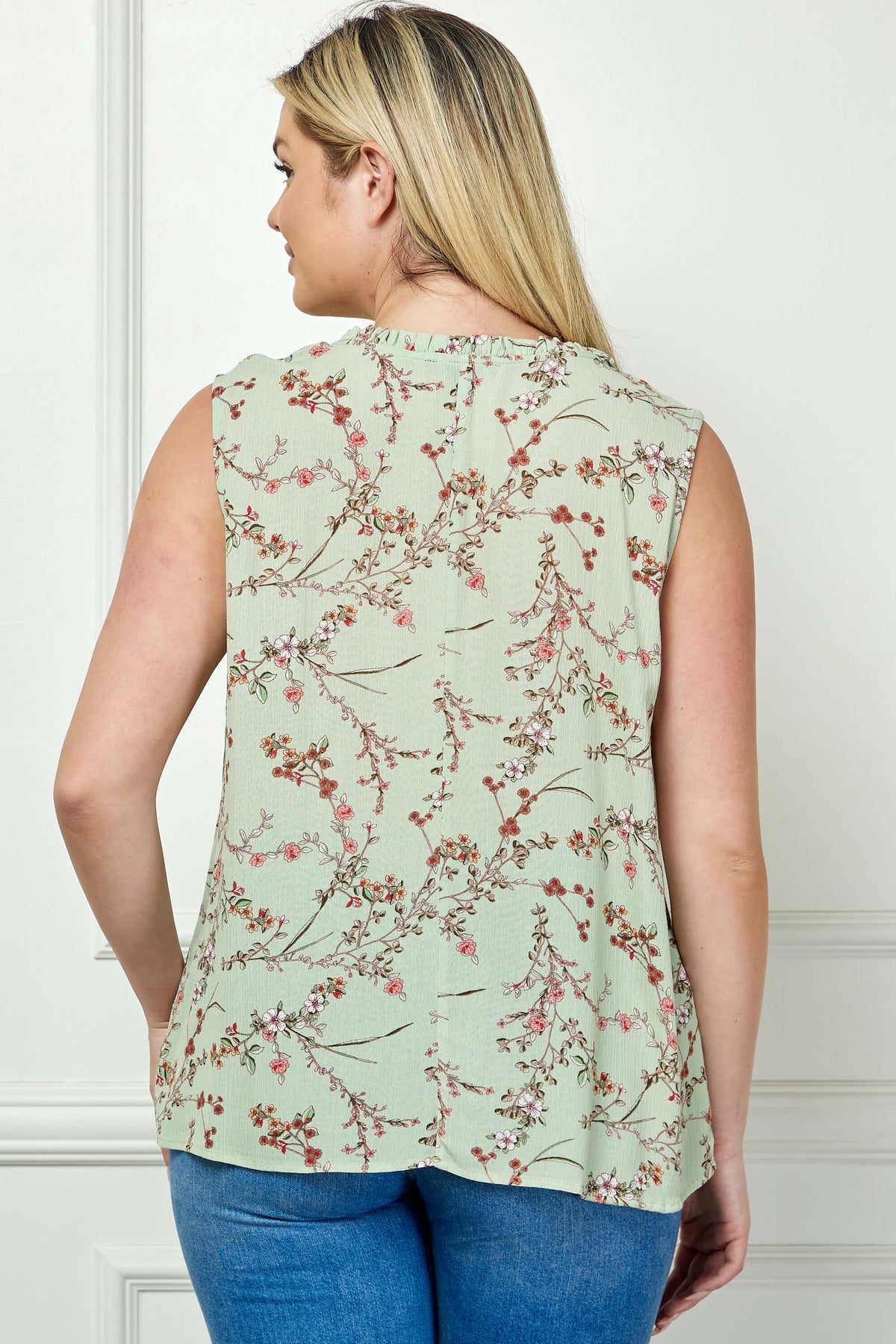 Dressbarn Premium | Sleeveless Ruffle Neck Tassel Blouse in Sage - Plus