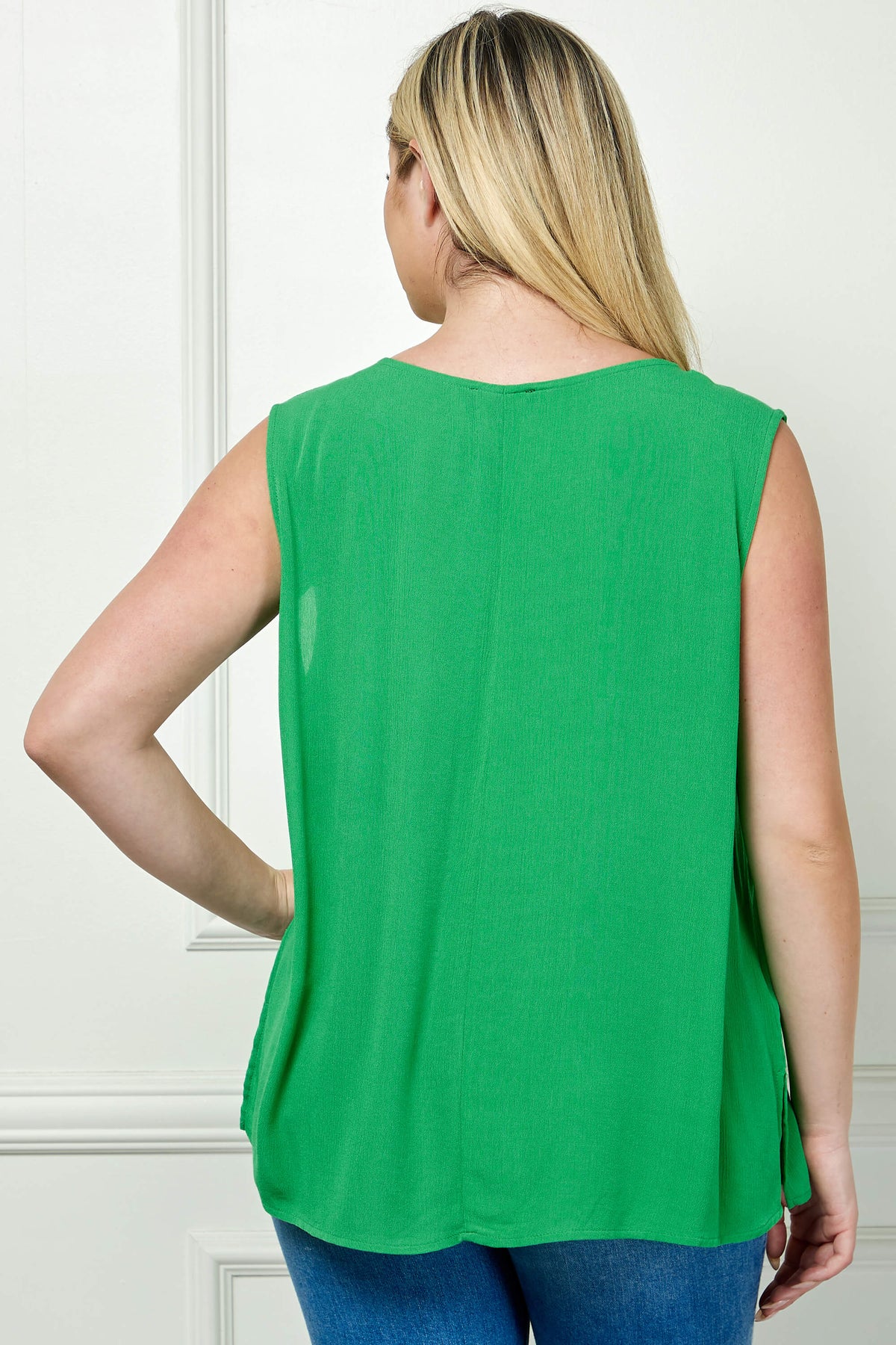 Dressbarn Best Seller | Sleeveless Embroidered Yoke Split Neck Blouse in Kelly Green - Plus