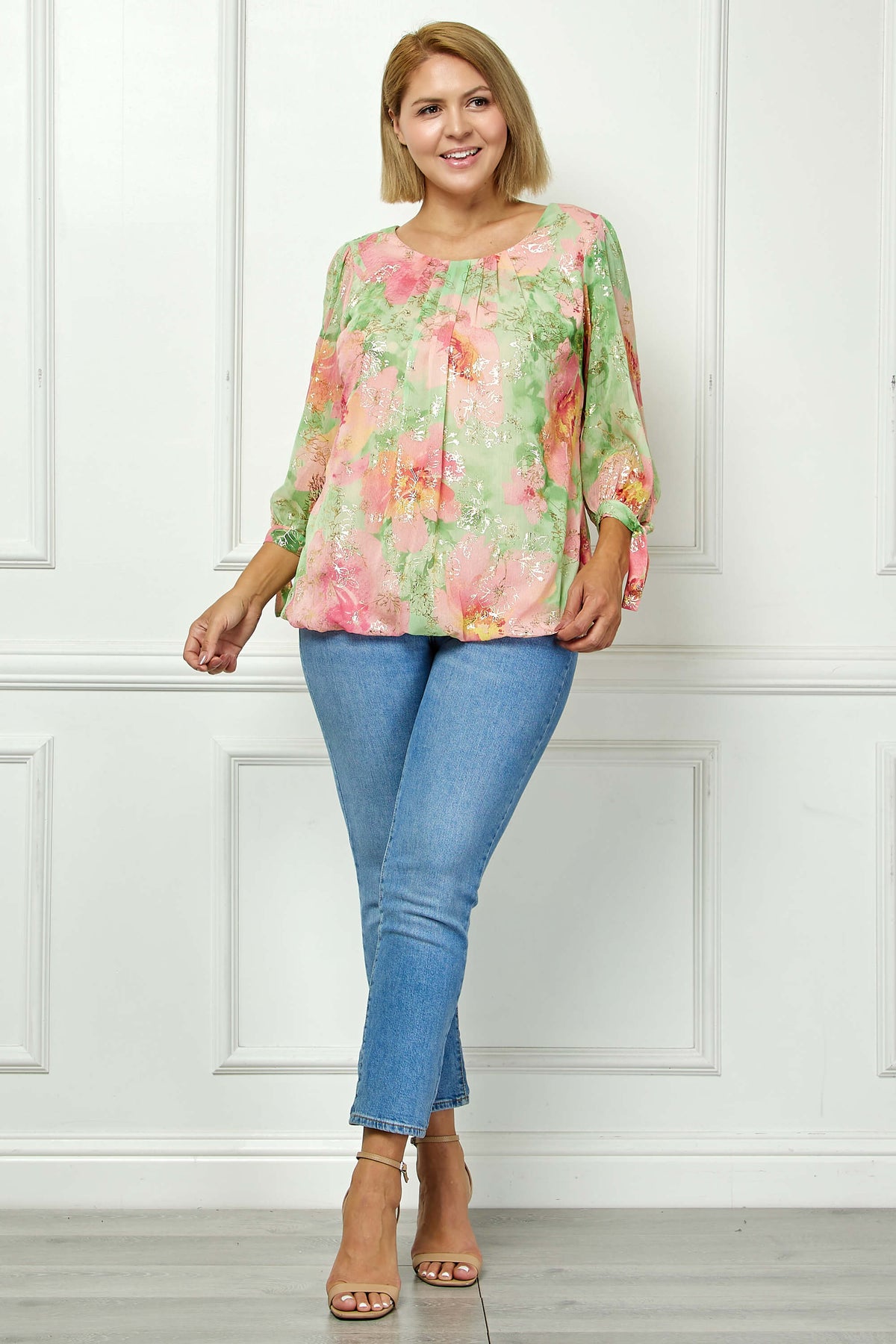 Dressbarn Trending | 3/4 Tie Sleeve Pleat Neck Floral Foil Bubble Blouse in Sage/Pink Watercolor - Plus