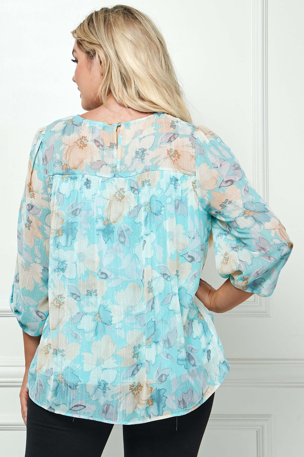 Dressbarn Featured | 3/4 Knot Sleeve Scoop Neck Yoke Blouse in Aqua Flower - Plus