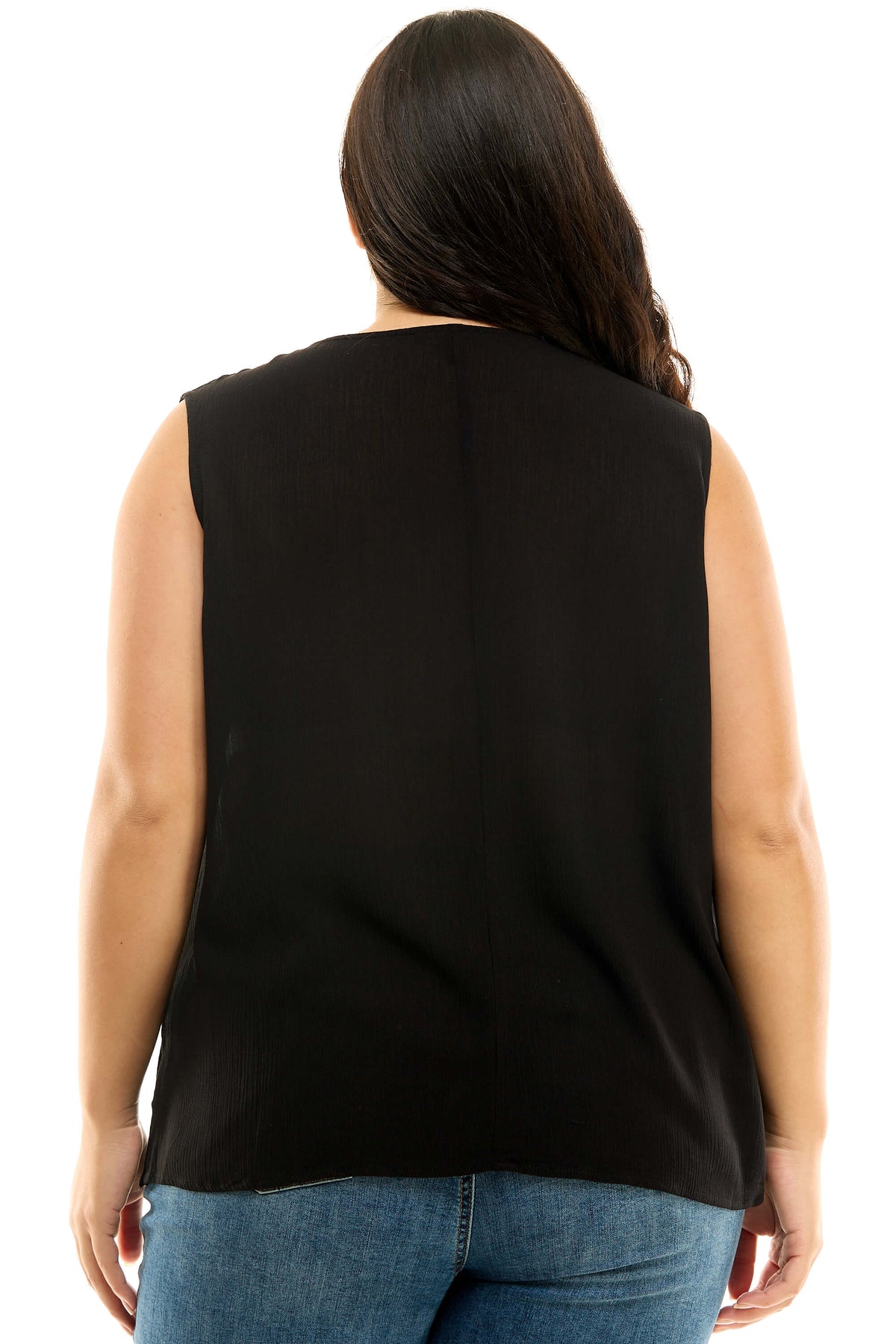 Dressbarn Featured | Sleeveless Embroidered Yoke Split Neck Blouse in Black - Plus