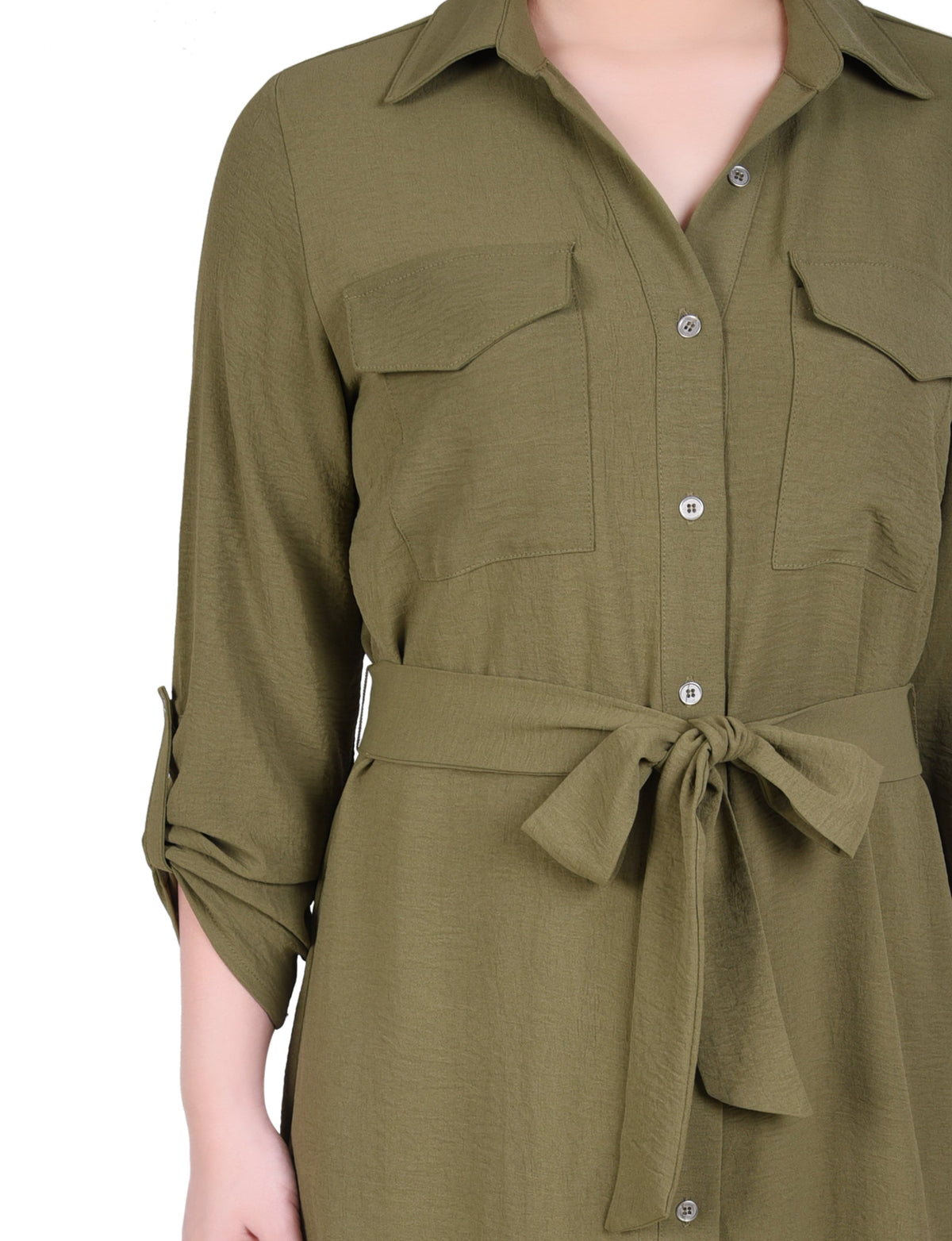 Dressbarn Premium | Burnt Olive Long Roll Tab Sleeve Shirtdress