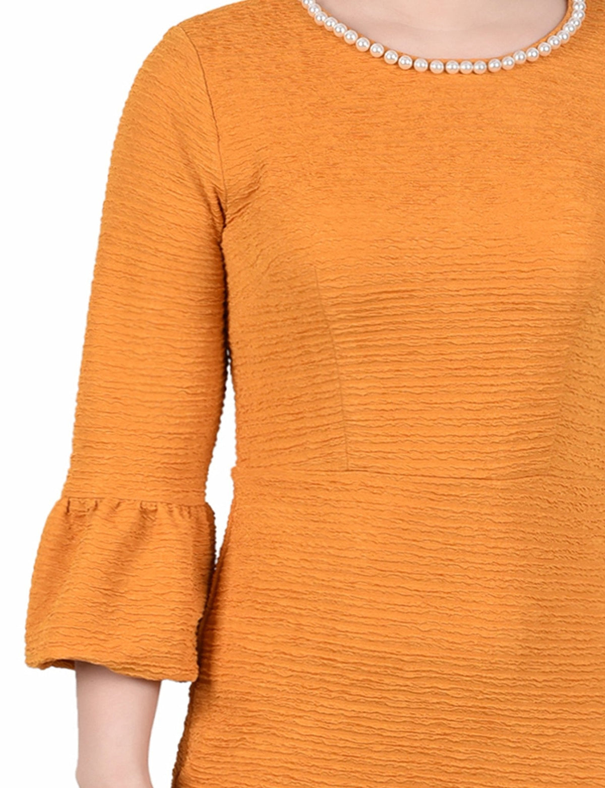 Dressbarn Trending | Mustard 3/4 Length Pearl Detail Dress