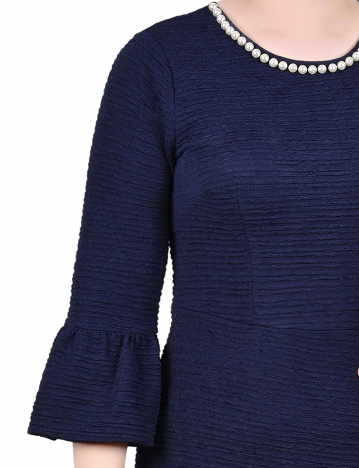 Dressbarn Best Seller | Navy 3/4 Length Pearl Detail Dress