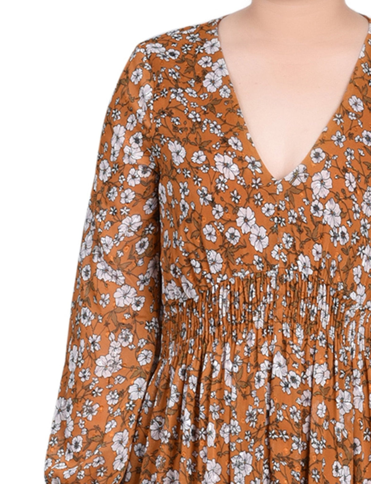 Dressbarn New | Mustard Floral Long Sleeve Clip Dot Chiffon Dress With Smocked Waist and Cuffs