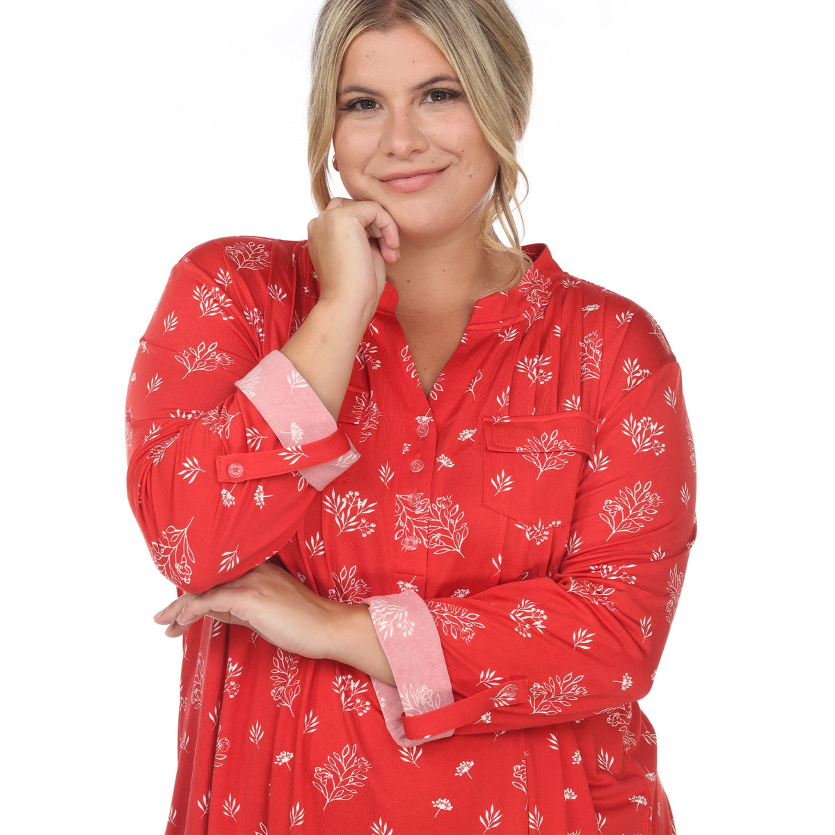 Dressbarn Recommended | Pleated Long Sleeve Leaf Print Blouse - Plus