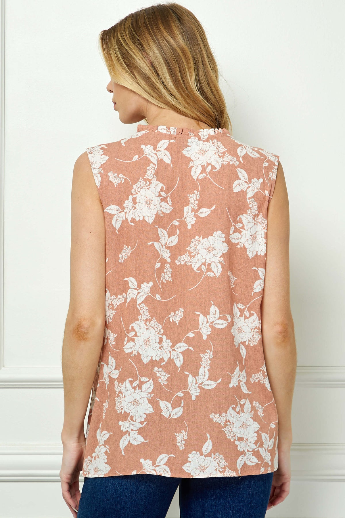 Dressbarn Popular | Sleeveless Ruffle Split Neck Tassel Blouse in Coral