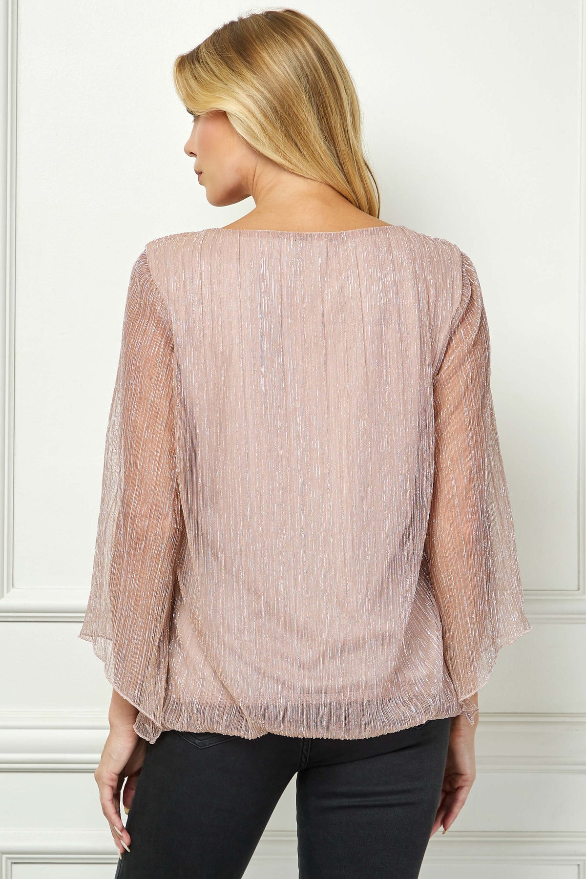 Dressbarn Premium | 3/4 Flare Sleeve Cutout Neck Bubble Blouse - Pink