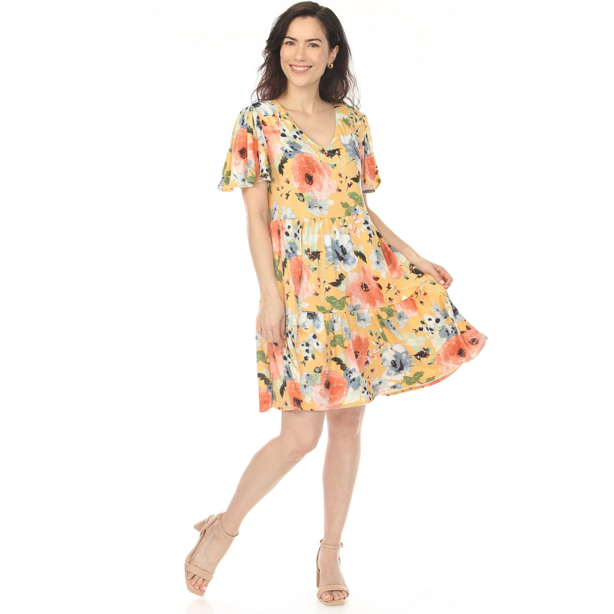 Dressbarn Premium | Women's V-Neck Vintage Floral Short Sleeve Dress - Yellow