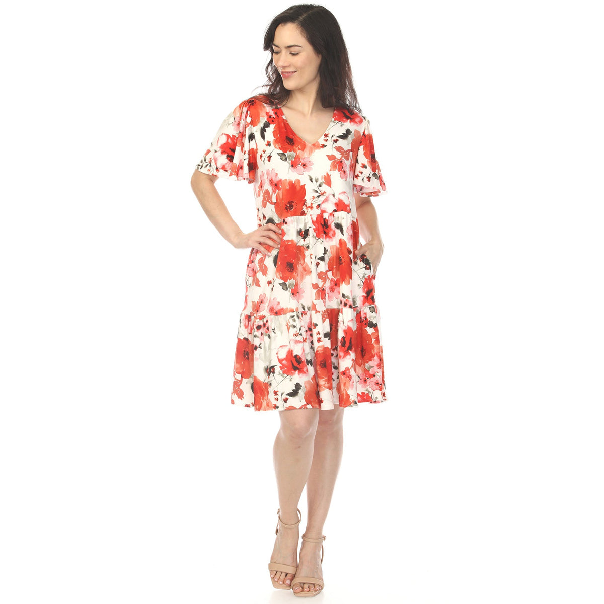 Dressbarn New | Women's V-Neck Vintage Floral Short Sleeve Dress - Red