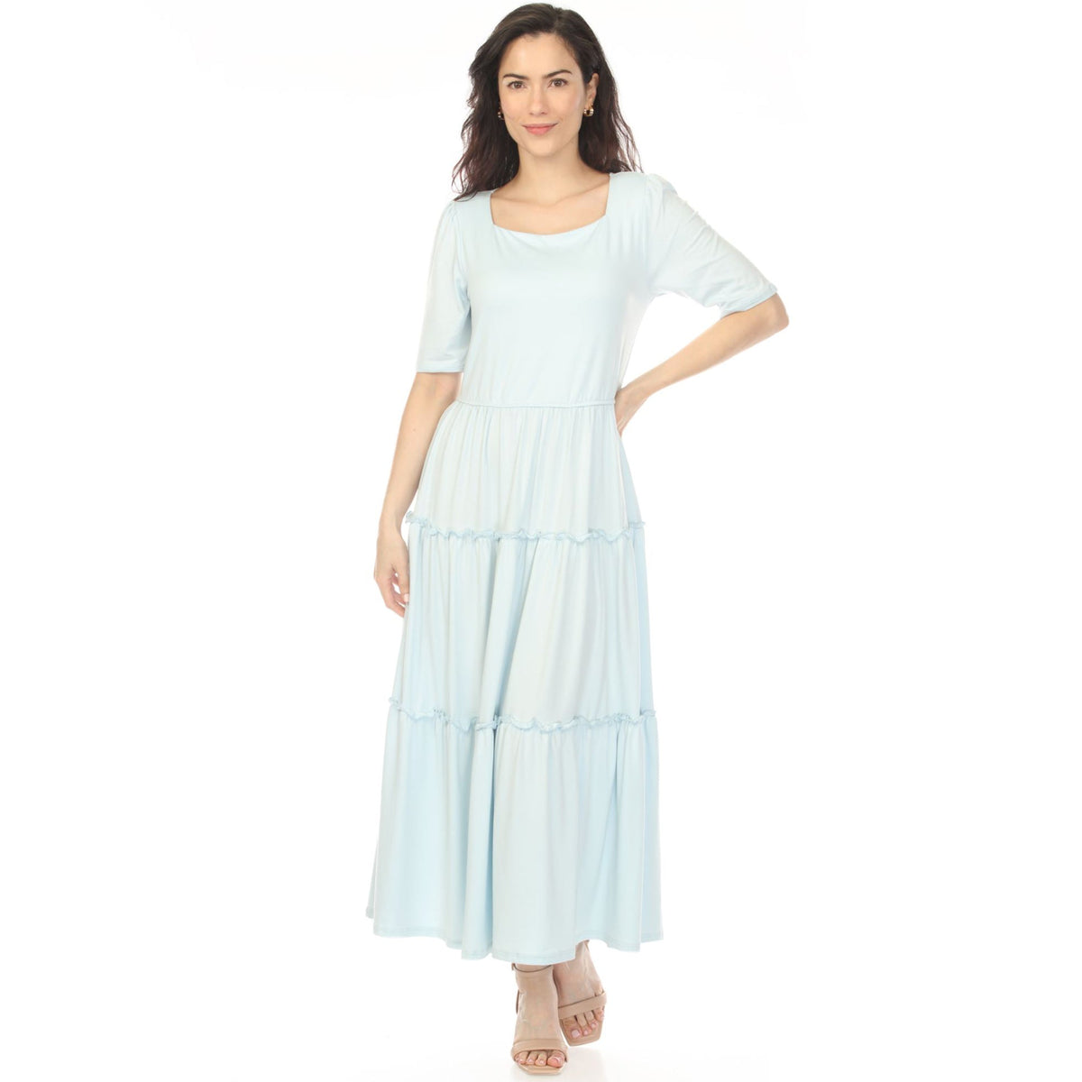 Dressbarn New | Women's Square Neck Short Sleeve Tiered Dress - Dusty Blue