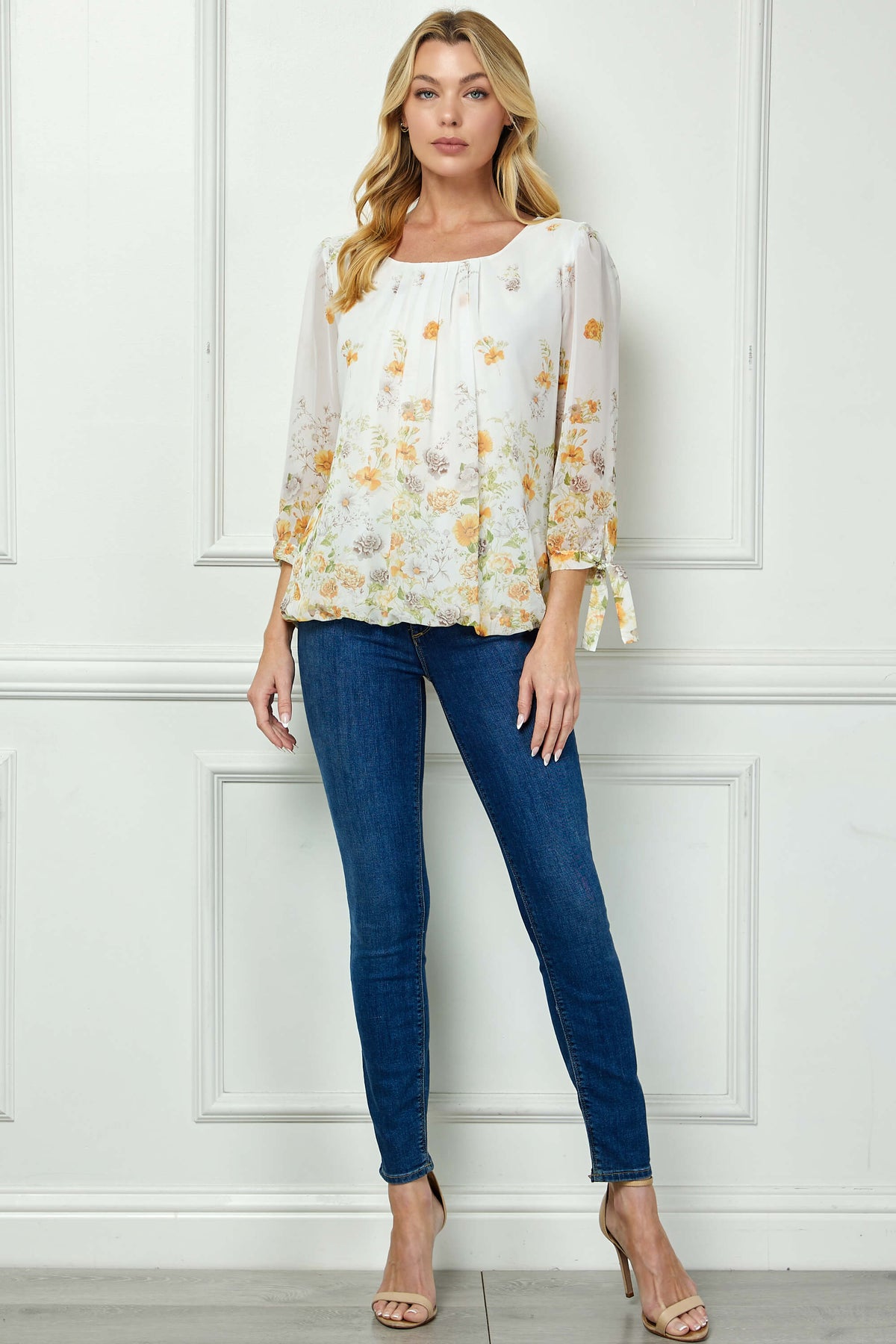 Dressbarn Popular | 3/4 Tie Sleeve Pleat Neck Border Print Bubble Blouse in Ivory/Yellow/Taupe