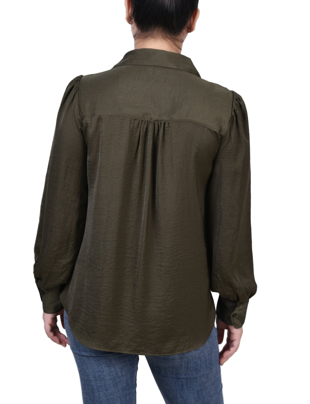 Dressbarn Trending | Olive Long Puff Sleeve Satin Blouse