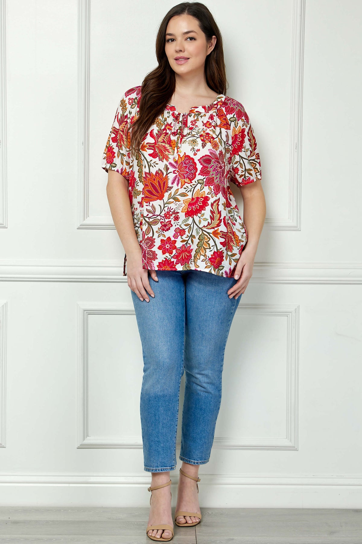 Dressbarn Best Seller | Short Sleeve Beaded Tie Neck Mandarin Collar Blouse in Ivory - Plus