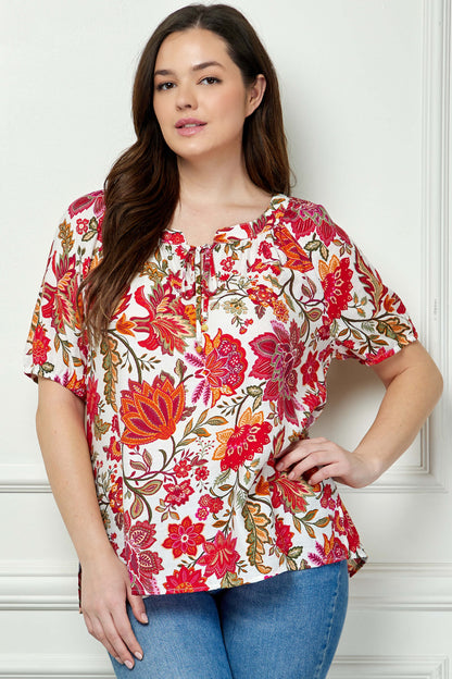 Dressbarn Best Seller | Short Sleeve Beaded Tie Neck Mandarin Collar Blouse in Ivory - Plus