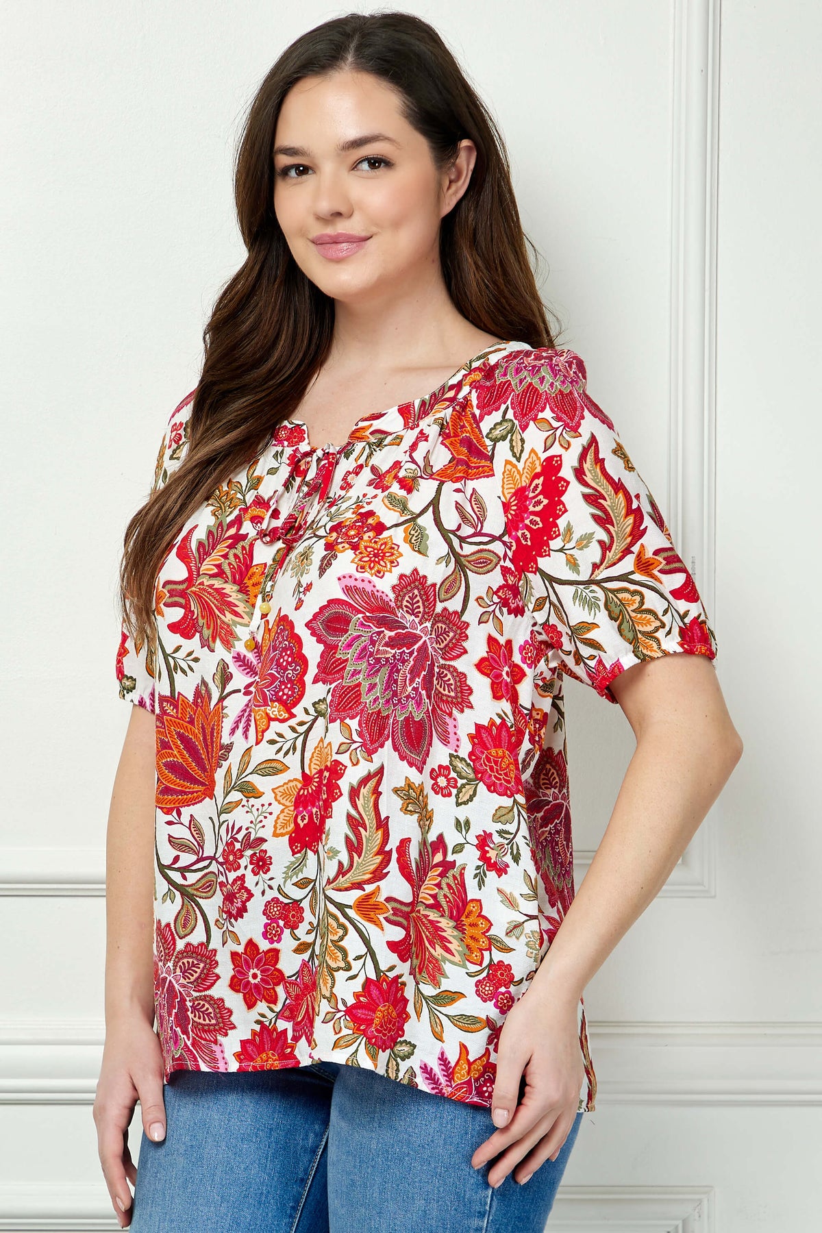 Dressbarn Best Seller | Short Sleeve Beaded Tie Neck Mandarin Collar Blouse in Ivory - Plus
