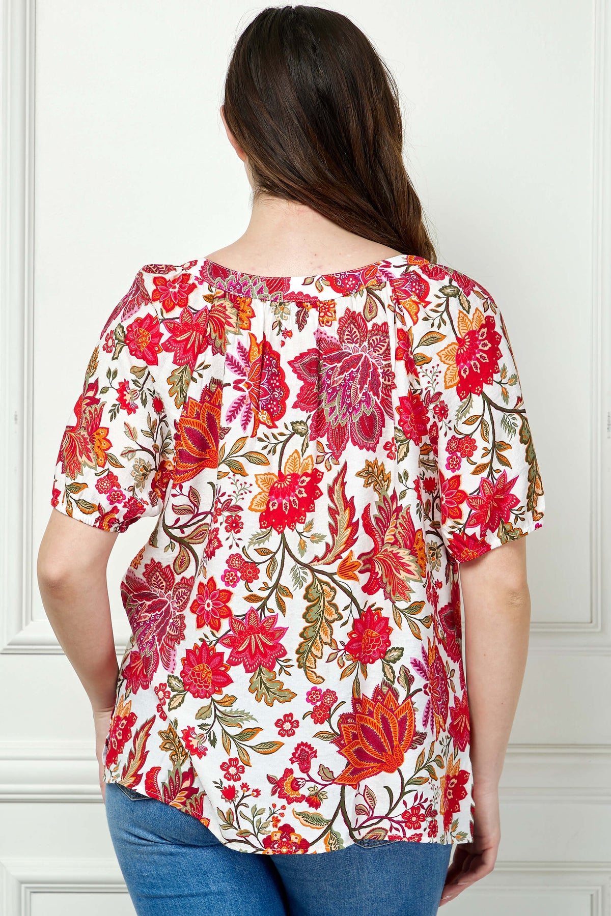 Dressbarn Best Seller | Short Sleeve Beaded Tie Neck Mandarin Collar Blouse in Ivory - Plus