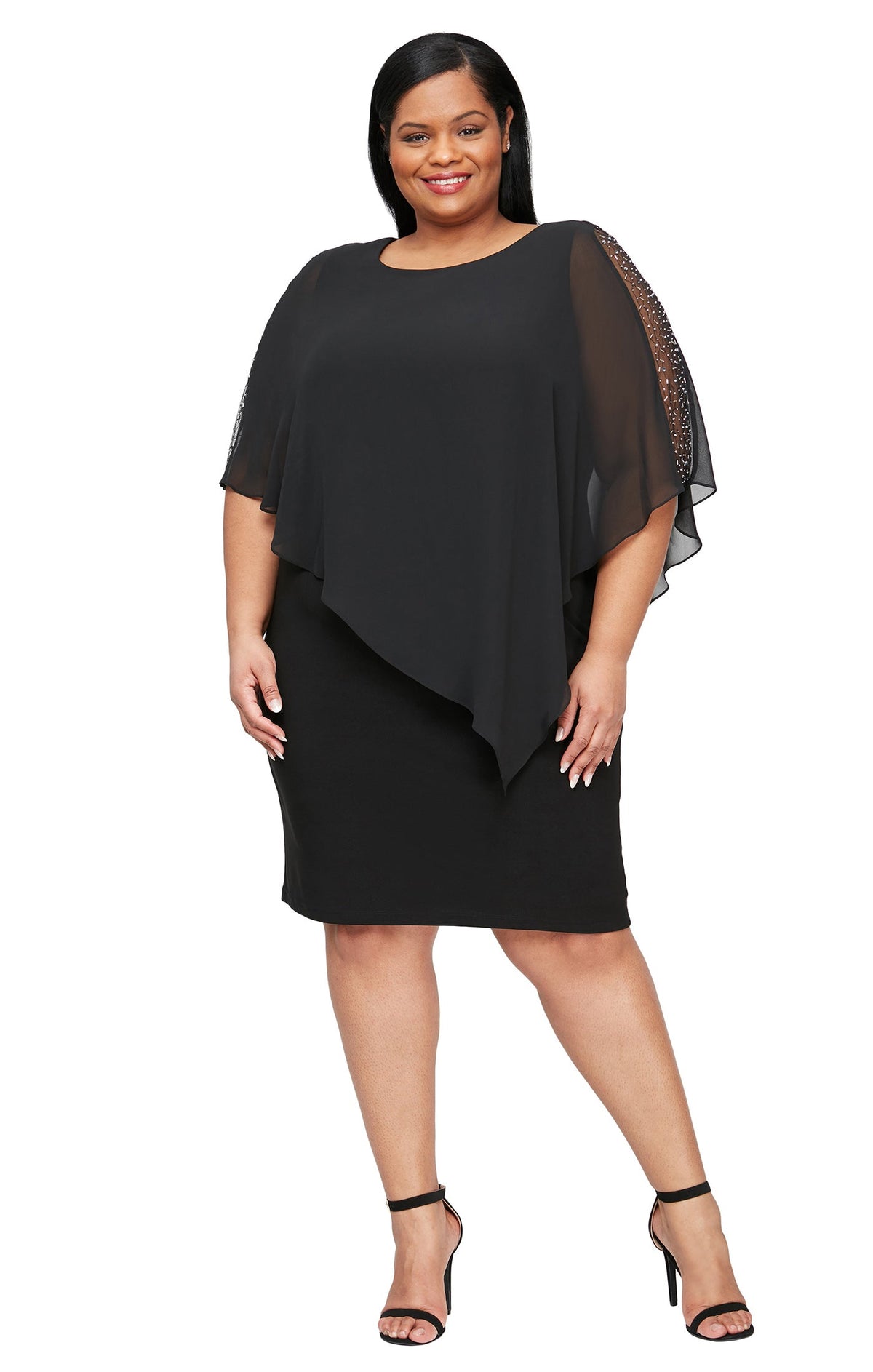 Dressbarn Recommended | Jersey Sheath Dress with Asymmetric Chiffon Capelet  - Black - Plus