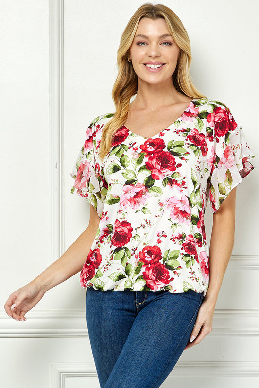Dressbarn Trending | Ruffle Cold Shoulder V-Neck Blouse - Ivory/Red