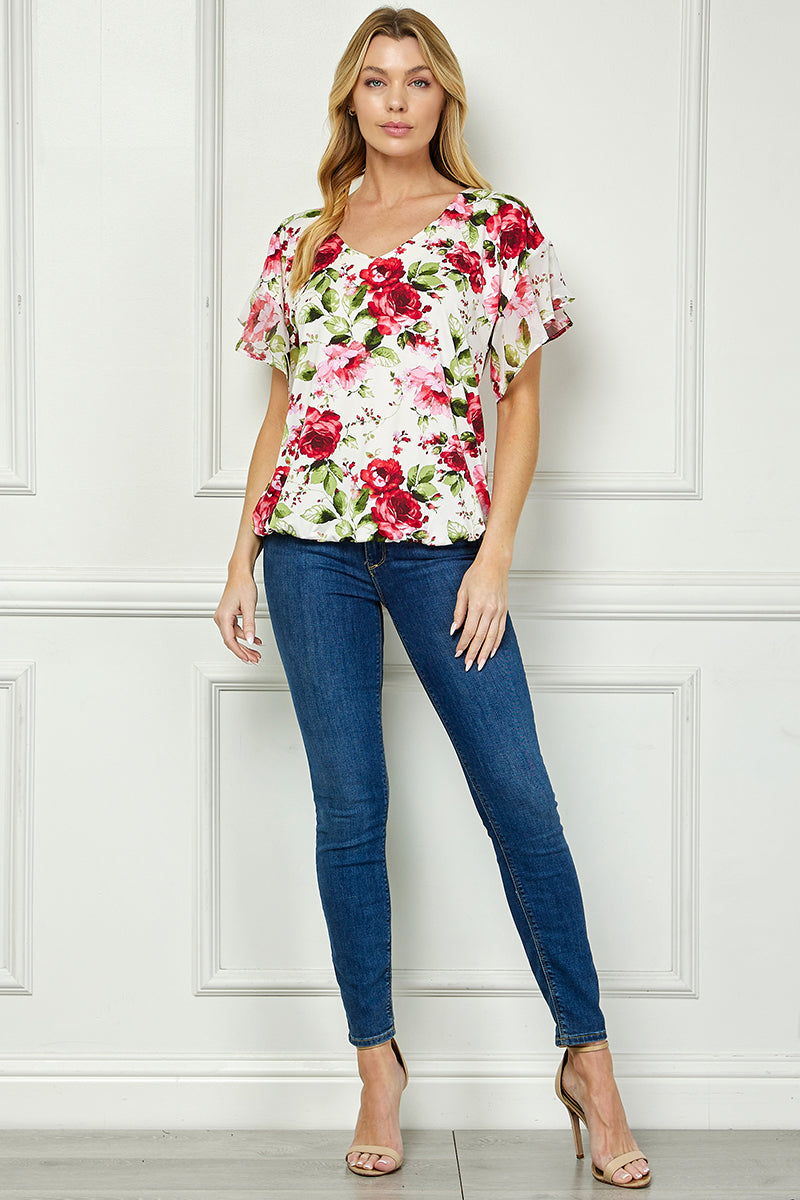 Dressbarn Trending | Ruffle Cold Shoulder V-Neck Blouse - Ivory/Red
