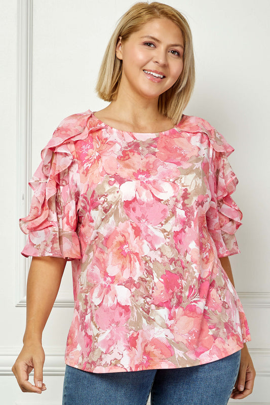 Dressbarn Best Seller | Ruffle Cold Shoulder Scoop Neck Blouse - Plus - Pink