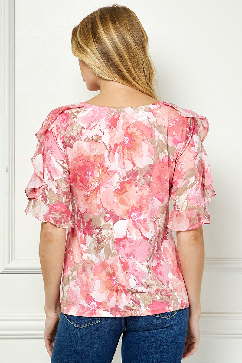 Dressbarn Premium | Ruffle Cold Shoulder Scoop Neck Blouse - Pink
