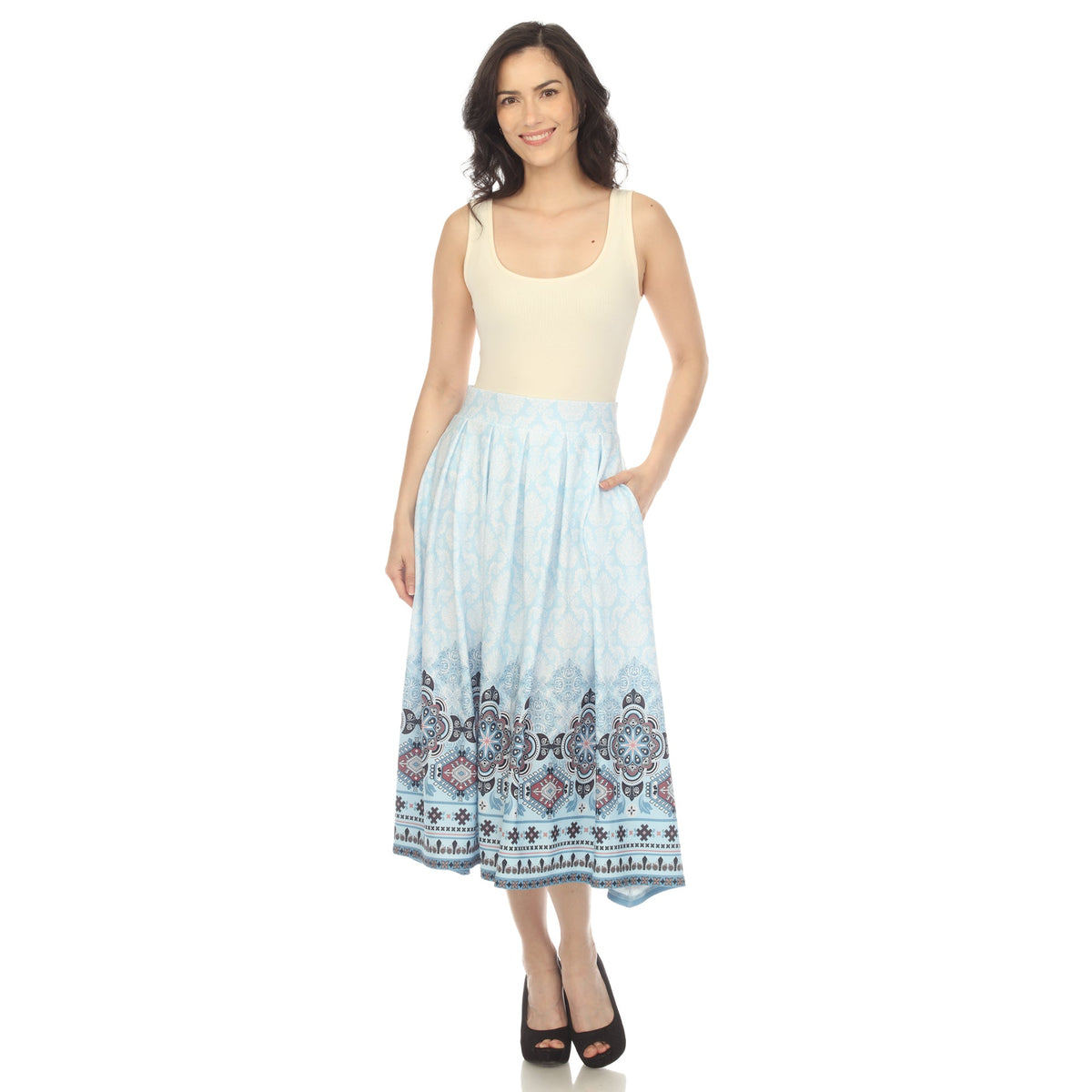Dressbarn Popular | Blue Pleated Skirt with Border Prints