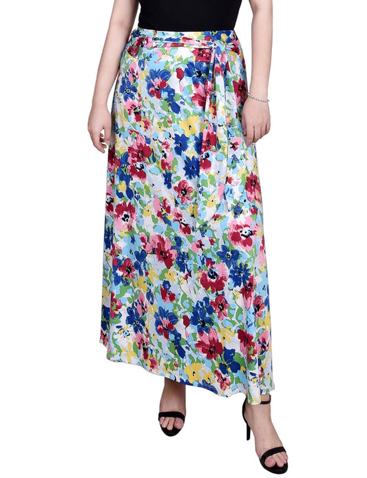 Dressbarn Best Seller | Pink Blue Flowers Maxi Skirt With Sash Waist Tie