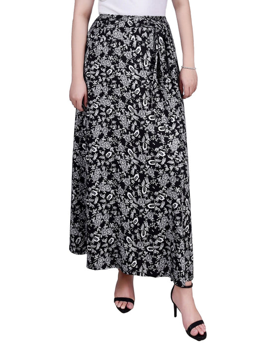 Dressbarn Recommended | Black White Grey Floral Maxi Skirt With Sash Waist Tie