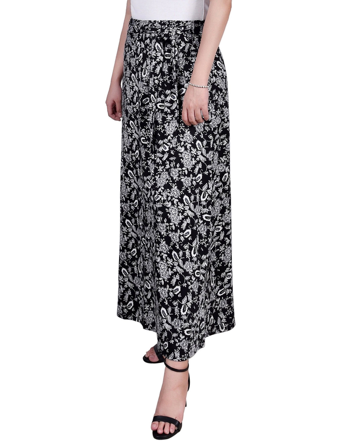 Dressbarn Recommended | Black White Grey Floral Maxi Skirt With Sash Waist Tie