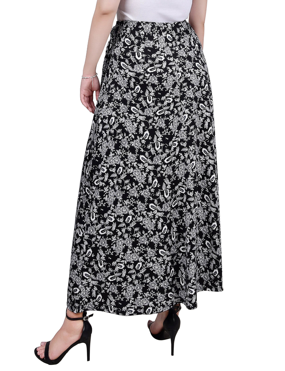Dressbarn Recommended | Black White Grey Floral Maxi Skirt With Sash Waist Tie