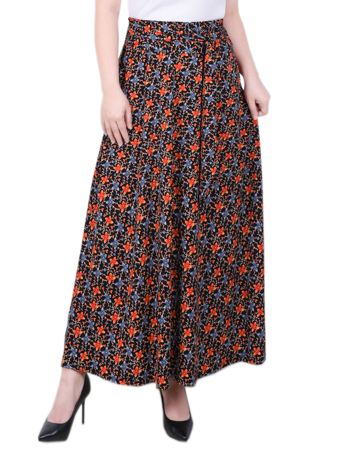 Dressbarn New | Black Orange Floral Maxi Skirt With Sash Waist Tie