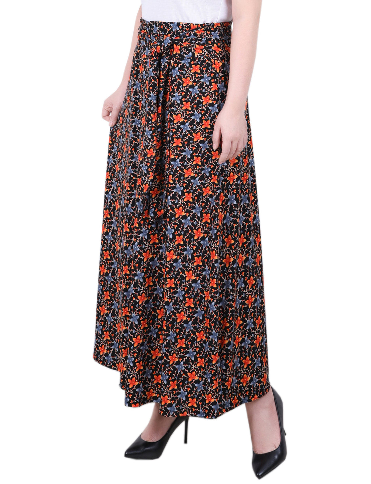 Dressbarn New | Black Orange Floral Maxi Skirt With Sash Waist Tie