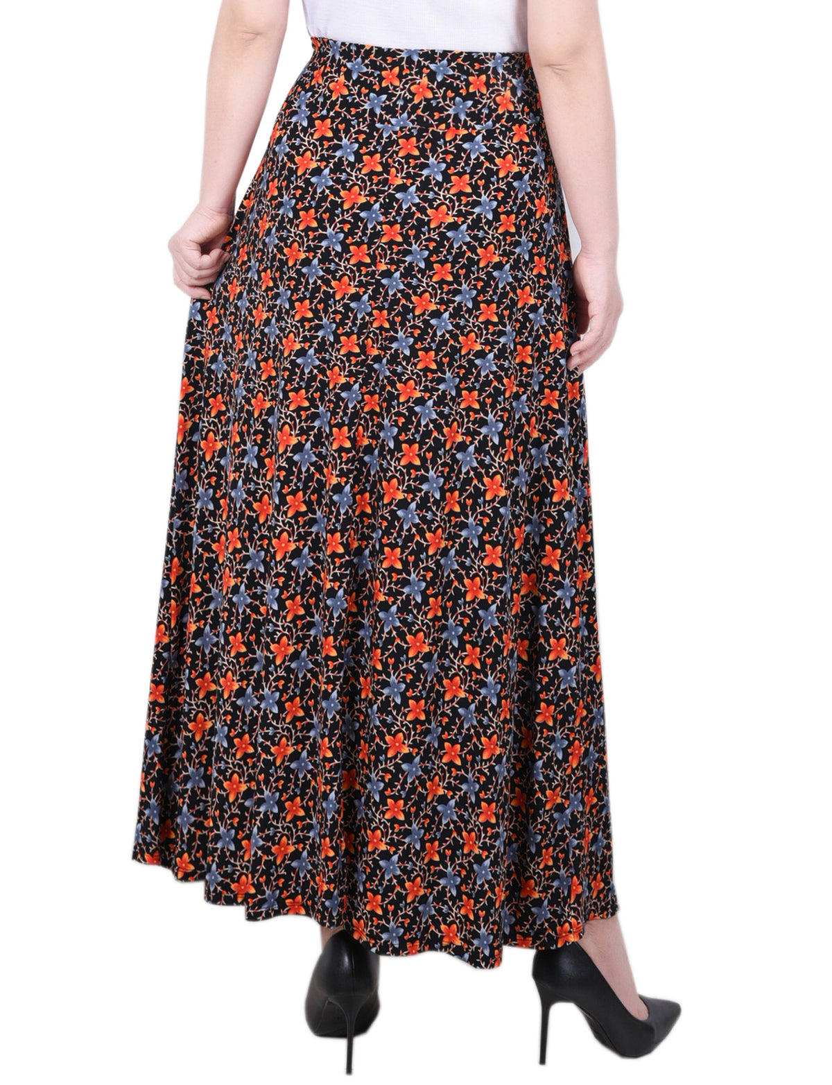 Dressbarn New | Black Orange Floral Maxi Skirt With Sash Waist Tie