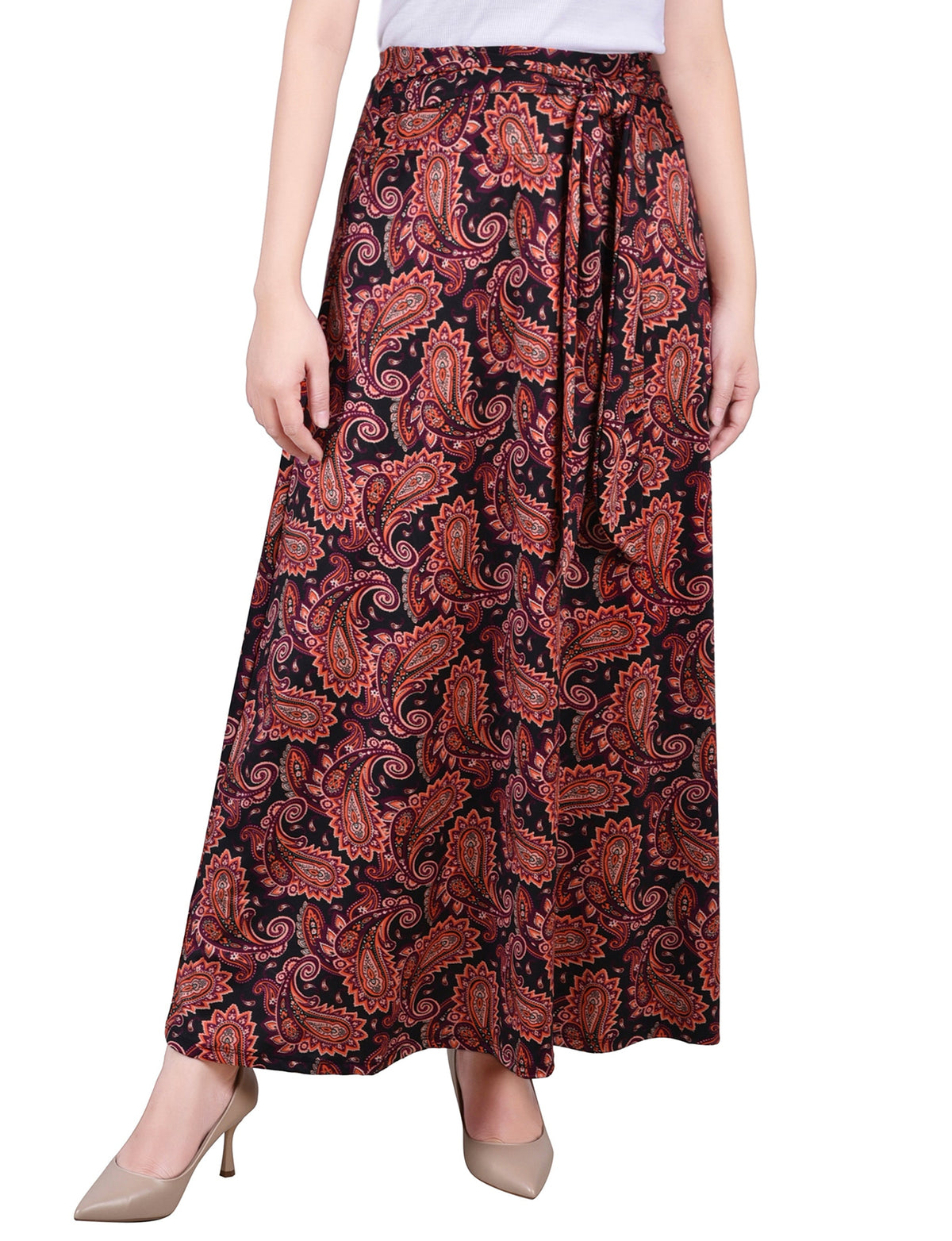 Dressbarn Featured | Black Wine Paisley Maxi Skirt With Sash Waist Tie