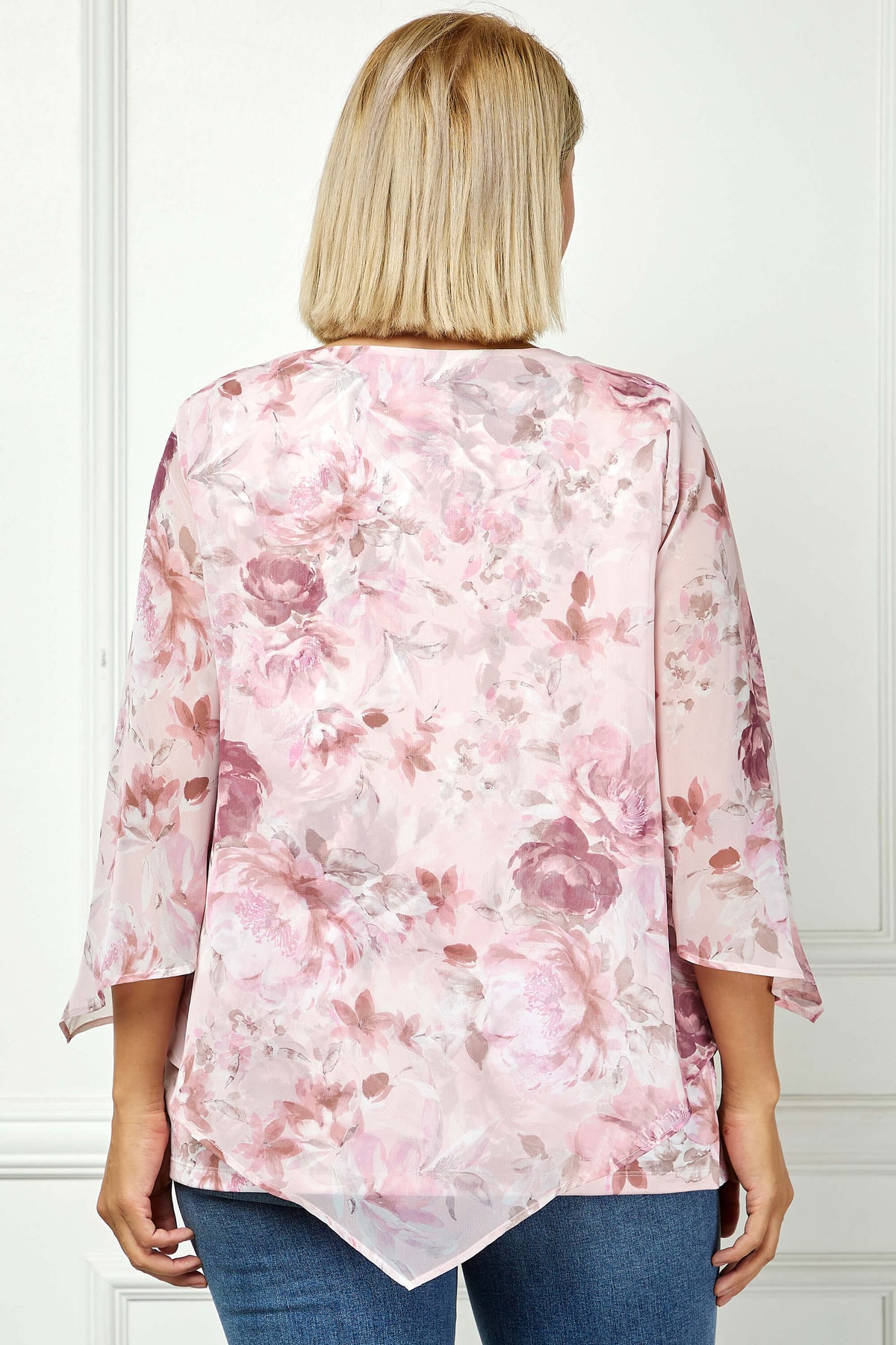 Dressbarn Popular | Hanky Hem Poncho V-Neck Blouse with Necklace - Plus - Pink