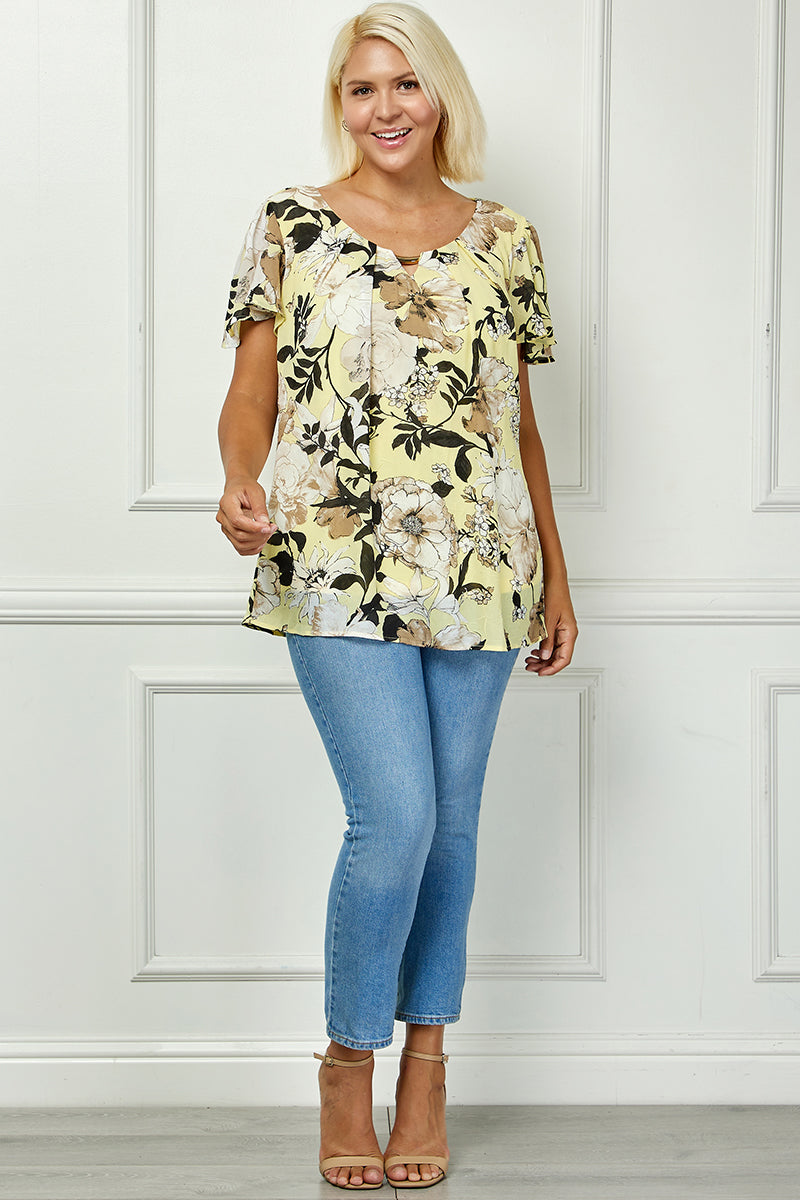 Dressbarn Best Seller | Flutter Sleeve Cutout Neck Pleat Blouse - Plus - Yellow