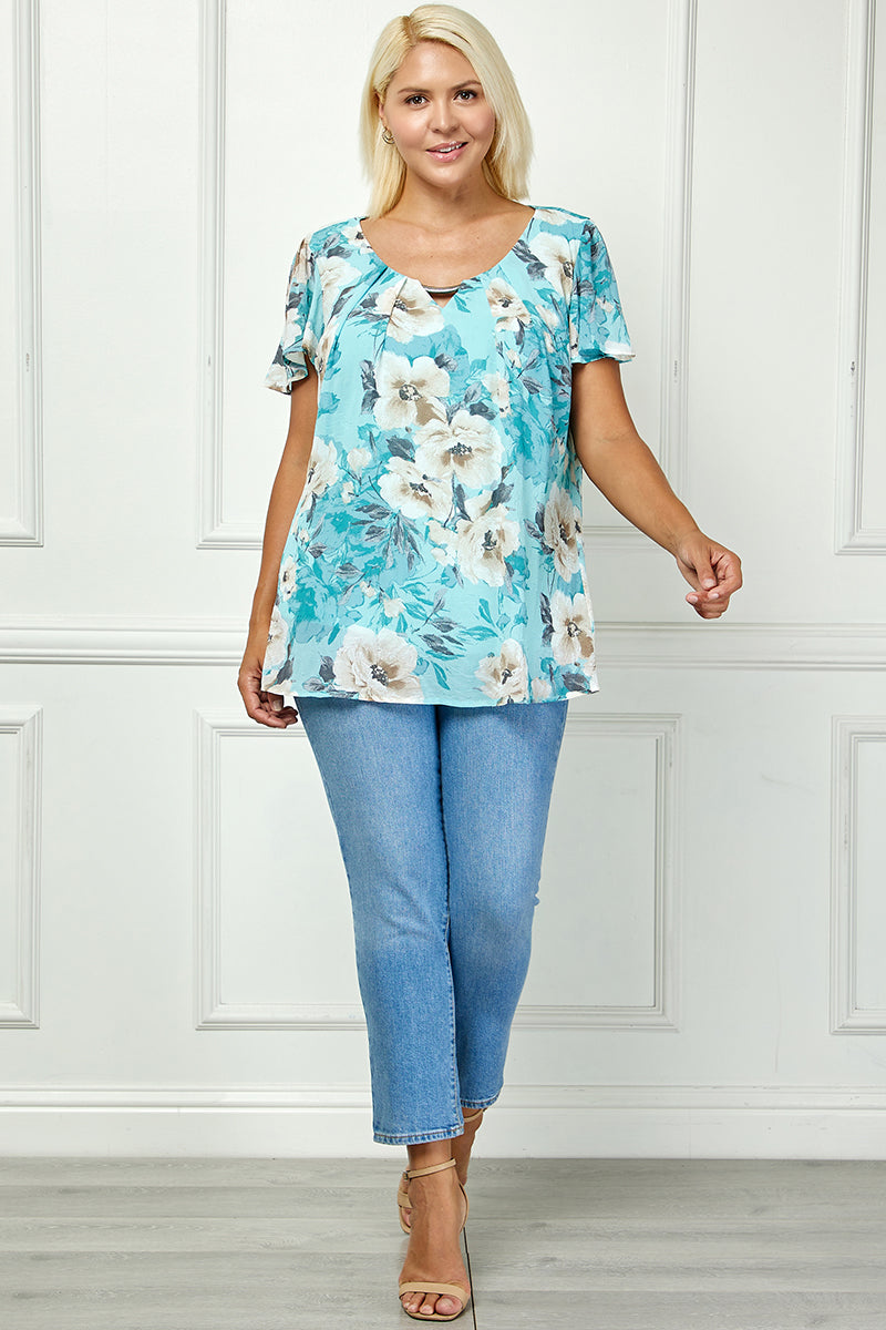 Dressbarn Recommended | Flutter Sleeve Cutout Neck Pleat Blouse - Plus - Sage