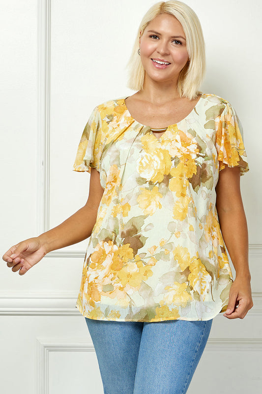 Dressbarn Premium | Flutter Sleeve Cutout Neck Pleat Blouse - Plus - Sage/Gold